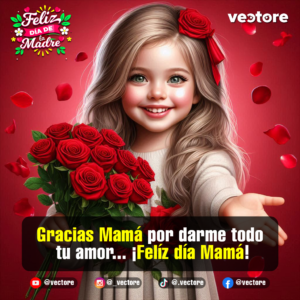 Ilustración digital de una dulce niña rubia con un lazo de rosa roja en el cabello, sonriendo con ternura mientras ofrece un ramo de rosas rojas en un fondo con pétalos al viento.