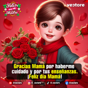 Dibujo digital de un niño pequeño y sonriente con bufanda roja, sosteniendo un ramo de rosas rojas y extendiendo su mano hacia adelante en una atmósfera festiva de color rojo.