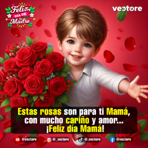 Arte digital de un simpático niño de cabello castaño y camisa blanca que sonríe alegremente mientras sostiene un denso ramo de rosas rojas con pétalos flotando a su alrededor.