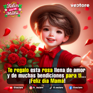 Ilustración digital de un tierno niño con sombrero, pajarita y overol, sonriendo alegremente mientras ofrece un ramo de rosas rojas y extiende su mano sobre un fondo con pétalos rojos.