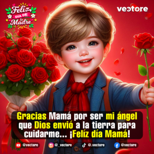Ilustración digital de un niño pequeño y sonriente con chaqueta azul y bufanda roja, sosteniendo un ramo de rosas rojas en una mano y ofreciendo una rosa individual con la otra mano sobre un fondo rojo con pétalos flotantes.