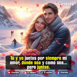 Imagen artística de estilo realista que muestra a una pareja joven y sonriente abrazada afectuosamente en medio de un impresionante paisaje montañoso cubierto de nieve durante el atardecer, con personas caminando a la distancia y pétalos de rosa flotando.