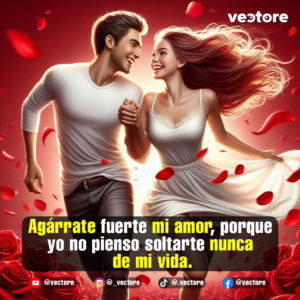 Ilustración digital de un hombre con playera blanca y una mujer con vestido blanco corriendo felices y sonriendo mientras se toman de la mano, con un fondo rojo vibrante lleno de rosas y pétalos volando a su alrededor.