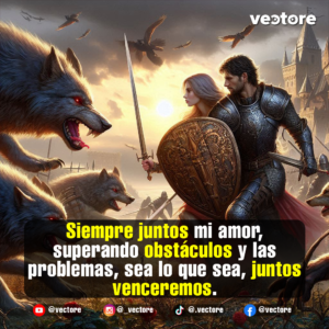 Fantasía épica digital donde un guerrero con armadura y una mujer con espada y escudo dorado combaten juntos en un campo de batalla frente a enormes lobos feroces de ojos rojos, con un castillo medieval al fondo bajo la luz del sol.