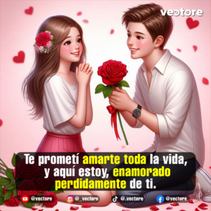 Dibujo animado de un joven de rodillas entregándole una rosa roja a una hermosa niña que junta sus manos emocionada; la escena se decora con rosas en el suelo y corazones flotando sobre un fondo rosa suave.