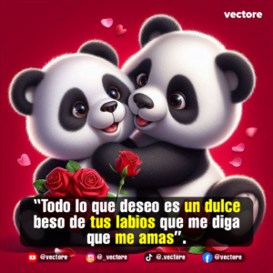 Ilustración digital de dos adorables osos panda bebés abrazados con ternura sobre un fondo rojo vibrante, decorado con rosas rojas y pequeños corazones flotando en el aire.
