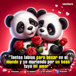 Composición romántica de dos ositos panda sentados juntos rodeados de rosas rojas y pequeños corazones rosados flotando sobre un fondo rojo degradado.