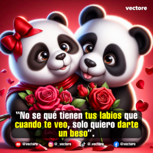 Dibujo digital de una pareja de osos panda; la osita lleva un lazo rojo en la oreja y una capa roja, sosteniendo un gran ramo de rosas rojas junto al otro panda que asoma la lengua.