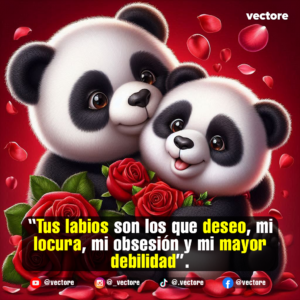 Imagen tierna de dos osos panda bebés abrazados sobre un fondo rojo, rodeados de hermosas rosas rojas y pétalos flotantes.