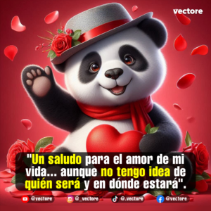 Ilustración de un tierno oso panda con sombrero elegante decorado con una rosa, saludando con la mano y sosteniendo un corazón rojo sobre un fondo con pétalos flotantes.