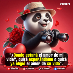 Dibujo en 3D de un tierno osito panda con un sombrero de paja decorado con una rosa, mirando con curiosidad a través de unos binoculares negros, sentado junto a un gran corazón y rosas sobre un fondo rojo vibrante.