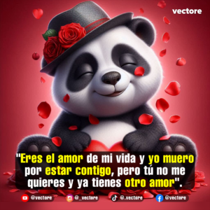 Ilustración digital emotiva de un osito panda con los ojos cerrados y una expresión de tranquilidad o melancolía, vistiendo un sombrero negro elegante adornado con rosas rojas, rodeado de pétalos caídos sobre un fondo carmesí.
