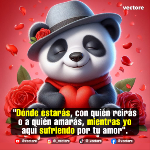 Gráfico romántico en 3D de un oso panda con un sombrero gris y bufanda roja, abrazando con cariño un corazón rojo brillante con los ojos cerrados, enmarcado por grandes rosas rojas en las esquinas inferiores y pétalos en el aire.