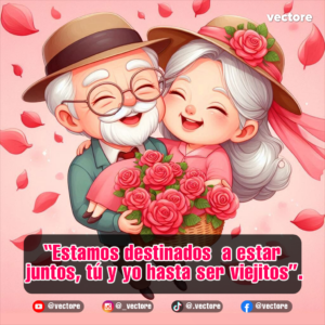 Dibujo romántico de un tierno anciano con anteojos y sombrero cargando alegremente a su esposa anciana, quien sostiene una canasta llena de rosas rojas en un fondo con pétalos flotando.
