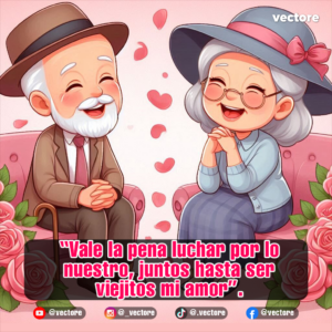 Arte digital de una pareja de abuelitos elegantes sentados en un sofá rosado compartiendo una mirada cómplice y sonrisas, rodeados de arreglos de rosas rosadas a los lados.