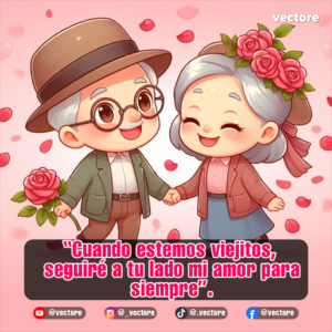 Ilustración de una pareja de ancianos de aspecto rejuvenecido y caricaturesco caminando de la mano con felicidad; el hombre lleva anteojos y un sombrero mientras sostiene una rosa, rodeados de pétalos volando.