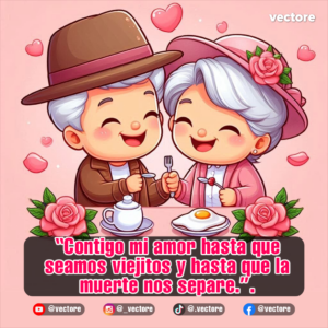 Dibujo animado de una feliz pareja de abuelitos sentados a la mesa disfrutando juntos de un desayuno con un huevo frito, decorado con rosas rosadas y un corazón de fondo.