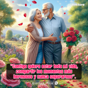 Ilustración digital de una adorable pareja de ancianos sonrientes caminando abrazados por un sendero rural; el hombre lleva un ramo de rosas rojas y el fondo muestra un campo florecido bajo un cielo despejado.