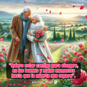 Ilustración digital de una adorable pareja de ancianos sonrientes caminando abrazados por un sendero rural; el hombre lleva un ramo de rosas rojas y el fondo muestra un campo florecido bajo un cielo despejado.
