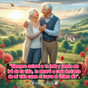 Ilustración de una pareja de ancianos caminando abrazados y mirándose con ternura en un sendero de colinas verdes, rodeados de rosas rojas en primer plano con un cálido amanecer de fondo.
