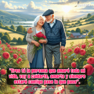 Imagen digital de un anciano con boina y bastón caminando del brazo de su esposa en un camino rural rodeado de un extenso campo de rosas rojas y paisajes montañosos iluminados por el sol.