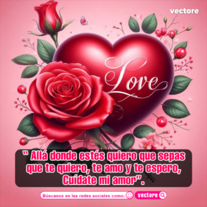 Ilustración de un gran corazón rojo metálico con la palabra "Love" escrita en relieve blanco, decorado a la izquierda con una rosa roja y rodeado de hojas verdes, flores silvestres rosadas y una mariposa.