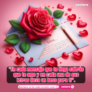 Ilustración romántica en 3D que muestra una gran rosa roja sobre un sobre abierto de color azul claro, con una carta manuscrita que dice "LOVE..." y un bolígrafo al lado, rodeados de pequeños corazones rojos flotantes.