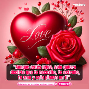 Composición digital de un gran corazón rojo brillante con la palabra "Love" escrita en letras elegantes de color blanco, acompañado de una rosa roja abierta con hojas verdes y pequeñas bayas decorativas a los lados.