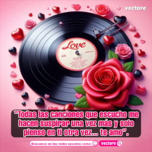 Diseño artístico con un disco de vinilo negro que tiene una etiqueta central con la palabra "Love", decorado con una gran rosa roja en la esquina inferior y múltiples corazones rojos y negros esparcidos alrededor.