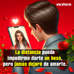 Imagen romántica con una frase de amor de distancia y beso original de Vectore para dedicar a una persona especial. tus besos mi amor