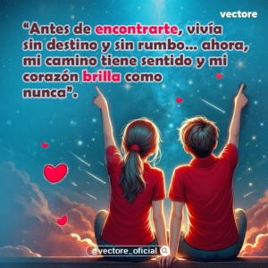 Ilustración digital romántica de una niña y un niño de espaldas sentados en un borde, ambos vistiendo camisetas rojas y señalando hacia un cielo nocturno estrellado y brillante con nubes iluminadas y corazones flotantes.