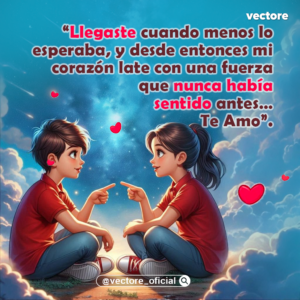 Dibujo animado de un niño y una niña de estilo chibi sentados frente a frente sobre nubes, vistiendo camisetas rojas y apuntándose tiernamente con el dedo bajo un fondo de cielo nocturno estrellado con corazones rojos flotando.