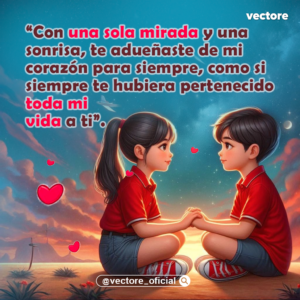 Arte digital tierno de una pareja de niños chibi sentados de frente y tomados de la mano durante un atardecer en la playa; ambos visten polos rojos y shorts de mezclilla, rodeados de pequeños corazones flotantes.