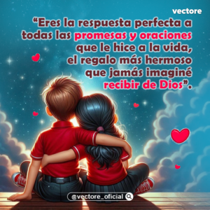 Ilustración romántica de un niño abrazando por el hombro a una niña, ambos sentados de espaldas contemplando un hermoso cielo estrellado con nubes y corazones rojos iluminados en el fondo.