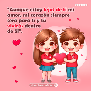 Ilustración infantil en estilo anime de una niña y un niño sonrientes sosteniendo juntos un corazón rojo en el centro, vestidos con camisetas rojas sobre un fondo rosa con pequeños corazones decorativos flotando alrededor.