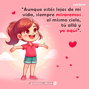 Dibujo animado de una niña alegre con el cabello recogido en una coleta y los brazos abiertos de par en par, mirando hacia arriba con felicidad en un fondo rosa pastel con nubes blancas e íconos de corazones.