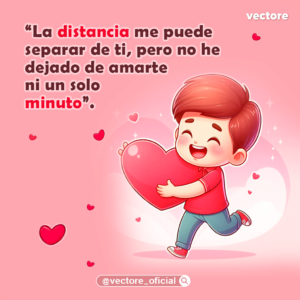 Caricatura colorida de un niño con cabello castaño que corre alegremente mientras abraza un gran corazón rojo, rodeado de pequeños corazones volando y destellos sobre un fondo rosado.