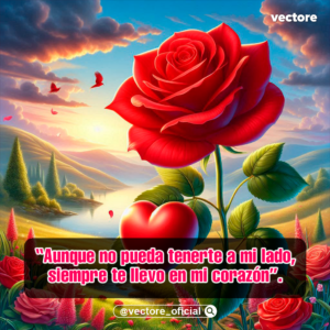 Paisaje natural romántico al amanecer con montañas y un río, destacando en primer plano una gran rosa roja con hojas verdes detalladas y un corazón rojo tridimensional a su lado.