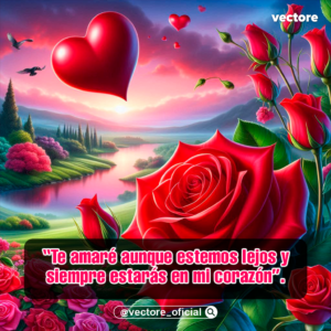 Vista de un río serpenteante en un valle verde bajo un cielo de atardecer, con un gran corazón rojo flotando en el aire y un primer plano detallado de una rosa roja abierta rodeada de capullos.