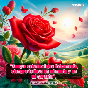 Una gran rosa roja floreciente capturada bajo la luz del sol brillante en un paisaje de colinas verdes, acompañada por un corazón rojo en la base y una mariposa roja volando.