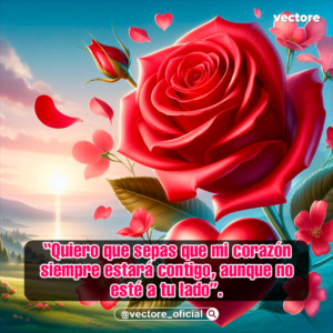 Imagen de una rosa roja de perfil con pétalos cayendo suavemente ante un paisaje montañoso iluminado por el sol poniente, con un gran corazón rojo ubicado en la parte inferior.