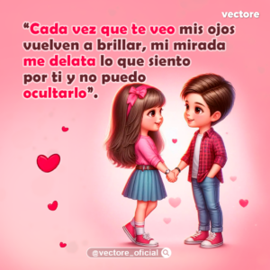 Pareja de niños enamorados tomados de la mano y mirándose fijamente, con un fondo degradado rosa y corazones. Imagen con frases de miradas de amor.