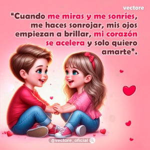 Dibujo animado de un niño y una niña sentados en el suelo tomados de la mano y sonriendo felices en un fondo rosa. Tarjeta con mensajes de amor y timidez.