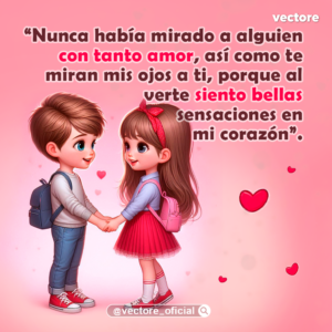 Ilustración de un niño con suéter blanco, jeans y mochila azul tomado de la mano de una niña con falda roja y mochila rosa, ambos mirándose con cariño sobre un fondo rosa decorado con corazones.