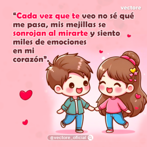 Dibujo estilo chibi de una pareja caminando juntos de la mano con mejillas sonrojadas y sonrisas felices sobre fondo rosa. Imagen de amor tierno para dedicar.