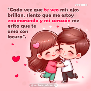 Ilustración de una pareja de niños animados dándose un tierno abrazo sobre un fondo rosa con corazones flotantes. Imagen romántica con frases de enamorados.