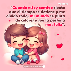 Dibujo animado de un niño y una niña sentados juntos sonriendo felices en un fondo rosa con nubes y un corazón rojo. Tarjeta romántica sobre la felicidad en pareja.