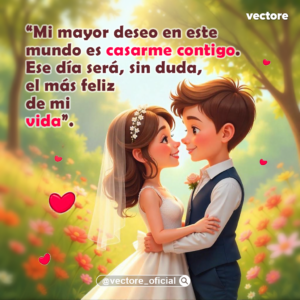 Ilustración romántica en formato digital de una pareja de novios vestidos para su boda en un jardín; ella luce un vestido blanco con velo y tiara de flores, mientras él viste un chaleco azul marino, mirándose fijamente rodeados de flores silvestres.