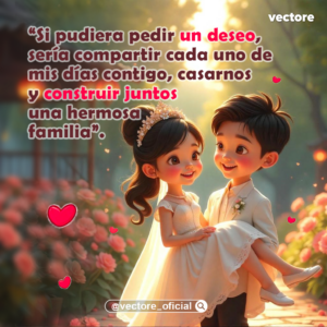 Arte digital tierno donde un novio con traje blanco carga en sus brazos a la novia, quien viste un hermoso vestido blanco de bodas y una tiara; ambos sonríen alegremente en un sendero rodeado de rosas rojas y rosadas.