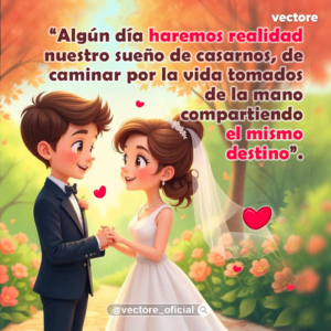 Hermosa ilustración de una boda al aire libre donde un novio con un clásico esmoquin negro toma de la mano a su novia vestida de blanco con un velo translúcido, rodeados de una arboleda otoñal y flores naranjas.